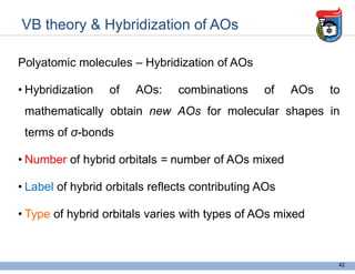 VB theory & Hybridization of AOs
Polyatomic molecules – Hybridization of AOs
• Hybridization of AOs: combinations of AOs to
mathematically obtain new AOs for molecular shapes in
terms of σ-bonds
• Number of hybrid orbitals = number of AOs mixed
• Label of hybrid orbitals reflects contributing AOs
• Type of hybrid orbitals varies with types of AOs mixed
42
 