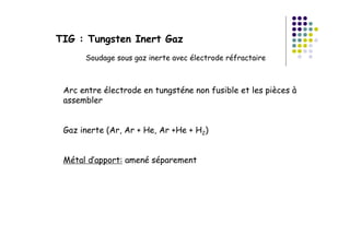 TIG : Tungsten Inert Gaz
Soudage sous gaz inerte avec électrode réfractaire
Arc entre électrode en tungsténe non fusible et les pièces à
assembler
Gaz inerte (Ar, Ar + He, Ar +He + H2)
Métal d’apport: amené séparement
 