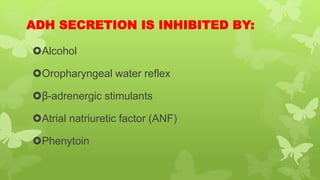 ADH SECRETION IS INHIBITED BY:
Alcohol
Oropharyngeal water reflex
β-adrenergic stimulants
Atrial natriuretic factor (ANF)
Phenytoin
 