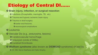 Etiology of Central DI……
 Brain injury, infection, or surgical resection
 Infections (Encephalitis, meningitis, TB, etc)
 Trauma and hypoxic ischemic brain injury
 Trauma or skull surgery
 basilar skull fractures,
 neurosurgical complications
 Leukemia
 Vascular Ds (e.g., aneurysms, lesions)
Cerebrovascular hemorrhage
Aneurysm (circle of Willis)
Cerebral thrombosis
 Wolfram syndrome (also known as DIDMOAD syndrome) ch’zed by
 DI, DM, Nerve Deafness and Optic Atrophy.
 