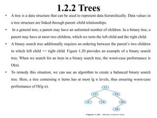 1.2.2 Trees
• A tree is a data structure that can be used to represent data hierarchically. Data values in
a tree structure are linked through parent–child relationships.
• In a general tree, a parent may have an unlimited number of children. In a binary tree, a
parent may have at most two children, which we term the left child and the right child.
• A binary search tree additionally requires an ordering between the parent’s two children
in which left child <= right child. Figure 1.20 provides an example of a binary search
tree. When we search for an item in a binary search tree, the worst-case performance is
O(n).
• To remedy this situation, we can use an algorithm to create a balanced binary search
tree. Here, a tree containing n items has at most lg n levels, thus ensuring worst-case
performance of O(lg n).
 