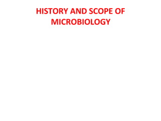 HISTORY AND SCOPE OF
MICROBIOLOGY
 