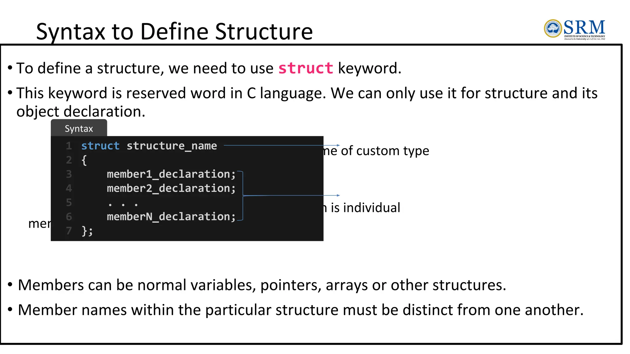 Syntax to Define Structure
• To define a structure, we need to use struct keyword.
• This keyword is reserved word in C language. We can only use it for structure and its
object declaration.
structure_name is name of custom type
memberN_declaration is individual
member declaration
• Members can be normal variables, pointers, arrays or other structures.
• Member names within the particular structure must be distinct from one another.
struct structure_name
{
member1_declaration;
member2_declaration;
. . .
memberN_declaration;
};
1
2
3
4
5
6
7
Syntax
 