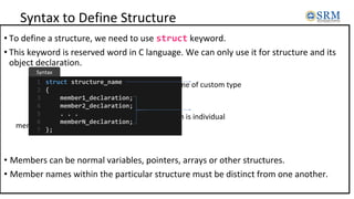 Syntax to Define Structure
• To define a structure, we need to use struct keyword.
• This keyword is reserved word in C language. We can only use it for structure and its
object declaration.
structure_name is name of custom type
memberN_declaration is individual
member declaration
• Members can be normal variables, pointers, arrays or other structures.
• Member names within the particular structure must be distinct from one another.
struct structure_name
{
member1_declaration;
member2_declaration;
. . .
memberN_declaration;
};
1
2
3
4
5
6
7
Syntax
 