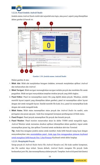 10
1.2.2.4. Panel Jendela Android Studio
Jendela utama Android Studio terdiri dari sejumlah area logis, atau panel, seperti yang ditampilkan
dalam gambar di bawah ini.
Gambar 1.10. Jendela utama Android Studio
Dalam gambar di atas:
1. Bilah Alat. Bilah alat menjalankan beragam tindakan, termasuk menjalankan aplikasi Android
dan meluncurkan alat Android.
2. Bilah Navigasi. Bilah navigasi memungkinkan navigasi melalui proyek dan membuka file untuk
pengeditan. Bilah navigasi menyediakan tampilan struktur proyek yang lebih ringkas.
3. Panel Editor. Panel ini menampilkan materi file yang dipilih dalam proyek. Misalnya, setelah
memilih layout (seperti yang ditampilkan dalam gambar), panel ini menampilkan editor layout
dengan alat untuk mengedit layout. Setelah memilih file kode Java, panel ini menampilkan kode
dengan alat untuk mengedit kode.
4. Bilah Status. Bilah status menampilkan status proyek dan Android Studio itu sendiri, serta
peringatan atau pesan apa pun. Anda bisa mengamati kemajuan pembangunan di bilah status.
5. Panel Project. Panel proyek menampilkan file proyek dan hierarki proyek.
6. Panel Monitor. Panel monitor menawarkan akses ke daftar TODO untuk mengelola tugas,
Android Monitor untuk memantau eksekusi aplikasi (ditampilkan dalam gambar), logcat untuk
menampilkan pesan log, dan aplikasi Terminal untuk melakukan aktivitas Terminal.
Tip: Anda bisa mengatur jendela utama untuk memberi Anda lebih banyak ruang layar dengan
menyembunyikan atau memindahkan panel. Anda juga bisa menggunakan pintasan keyboard
untuk mengakses lebih banyak fitur. Lihat Pintasan Keyboard untuk daftar lengkap.
1.2.2.5. Menjelajahi Proyek
Setiap proyek di Android Studio berisi file Android Manifest.xml, file kode sumber komponen,
dan file sumber daya terkait. Secara default, Android Studio mengatur file proyek Anda
berdasarkan jenis file, dan menampilkannya dalam proyek: Tampilan Android di panel alat (bantu)
 