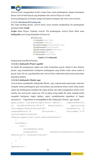 16
Android Studio menggunakan Gradle sebagai dasar sistem pembangunan, dengan kemampuan
khusus Android lebih banyak yang disediakan oleh Android Plugin for Gradle.
Sistem pembangunan ini berjalan sebagai alat (bantu) terintegrasi dari menu Android Studio.
1.2.2.16. Memahami File build.gradle
Bila Anda membuat proyek, Android Studio secara otomatis menghasilkan file pembangunan
penting di folder Gradle
Scripts dalam Project: Tampilan Android. File pembangunan Android Studio diberi nama
build.gradle seperti yang ditampilkan di bawah ini:
Gambar 1.15. build.gradle
Setiap proyek memiliki hal berikut:
1.2.2.16.1. build.gradle (Project: apptitle)
Ini adalah file pembangunan tingkat atas untuk keseluruhan proyek, berada di akar direktori
proyek, yang mendefinisikan konfigurasi pembangunan yang berlaku untuk semua modul di
proyek Anda. File ini, yang dihasilkan oleh Android Studio, tidak boleh diedit untuk menyertakan
dependensi aplikasi.
1.2.2.16.2. build.gradle (Module: app)
Android Studio membuat file build.gradle (Module: app) terpisah untuk setiap modul. Anda bisa
mengedit setelan pembangunan guna menyediakan opsi pemaketan khusus untuk setiap modul,
seperti tipe pembangunan tambahan dan ragam produk, dan untuk menggantikan setelan di file
manifes atau build.gradle tingkat atas. File ini paling sering adalah file untuk mengedit ketika
mengubah konfigurasi tingkat aplikasi, seperti mendeklarasikan dependensi di bagian
dependencies . Yang berikut ini menampilkan isi file build.gradle (Module: app) proyek:
apply plugin: 'com.Android.application' Android { compileSdkVersion
24 buildToolsVersion "24.0.1" defaultConfig { applicationId
"com.example.Android.helloworld2" minSdkVersion 15
targetSdkVersion 24 VersionCode 1 VersionName "1.0"
testInstrumentationRunner
"Android.support.test.runner.AndroidJUnitRunner"
}
buildTypes {
rilis {
minifyEnabled false
proguardFiles getDefaultProguardFile('proguard-
Android.txt'), 'proguard-rules.pro'
}
}
}
dependencies {
 