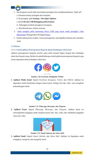 22
3. Jika komputer masih tidak menemukan perangkat atau mendeklarasikannya "tidak sah":
a. Putuskan koneksi perangkat dari komputer.
b. Di perangkat, pilih Settings > Developer Options.
c. Ketuk Revoke USB Debugging authorizations.
d. Hubungkan kembali perangkat ke komputer.
e. Bila dikonfirmasi, berikan otorisasi.
4. Anda mungkin perlu memasang driver USB yang sesuai untuk perangkat. Lihat
dokumentasi Menggunakan Perangkat Keras.
5. Periksa dokumentasi terakhir, forum pemrograman, atau dapatkan bantuan dari instruktur
Anda.
1.3 Diskusi
1.3.1. Contoh aplikasi Pemrograman Brgerak dalam Kehidupan Sehari-hari
Aplikasi pemrograman bergerak (mobile apps) telah menjadi bagian integral dari kehidupan
sehari-hari banyak orang. Berikut ini adalah beberapa contoh aplikasi pemrograman bergerak yang
umum digunakan dalam kehidupan sehari-hari:
Gambar 1.20. Facebook, Instagram, Twitter
1. Aplikasi Media Sosial: Seperti Facebook, Instagram, Twitter, dan TikTok. Aplikasi ini
digunakan untuk berinteraksi dengan teman-teman, berbagi foto dan video, serta mengikuti
perkembangan terkini.
Gambar 1.21. WhatsApp, Messenger, dan Telegram
2. Aplikasi Pesan: Seperti WhatsApp, Messenger, dan Telegram. Aplikasi pesan ini
memungkinkan pengguna untuk mengirim pesan teks, foto, video, dan melakukan panggilan
suara atau video.
Gambar 1.22. Gmail, Outlook, dan Yahoo Mail
3. Aplikasi Email: Seperti Gmail, Outlook, dan Yahoo Mail. Aplikasi ini digunakan untuk
mengakses, mengirim, dan mengelola email.
 
