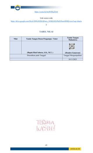 43
https://youtu.be/6mWlfKa2bA8
Link source code
https://drive.google.com/file/d/1DPxX8XLQGucs_3GMLD2LP8eNXuni4D9Q/view?usp=sharin
g
TABEL NILAI
Nilai Tanda Tangan Dosen Pengampu / Tutor
Tanda Tangan
Mahasiswa
(Bapak Riad Sahara, S.Si., M.T. ) (Hendro Gunawan)
Diserahkan pada Tanggal: Tanggal Mengumpulkan:
10/11/2023
 