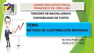 UNIDAD EDUCATIVA FISCAL
FRANCISCO DE ORELLANA
Dpl. Elena Proaño Castro
Del 06 al 10 – 11 - 2023
TEMA:
MÉTODO DE CONTRIBUCIÓN MARGINAL
TERCERO DE BACHILLERATO
CONTABILIDAD DE COSTO
 