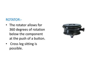 ROTATOR:-
• The rotator allows for
360 degrees of rotation
below the component
at the push of a button.
• Cross leg sitting is
possible.
 