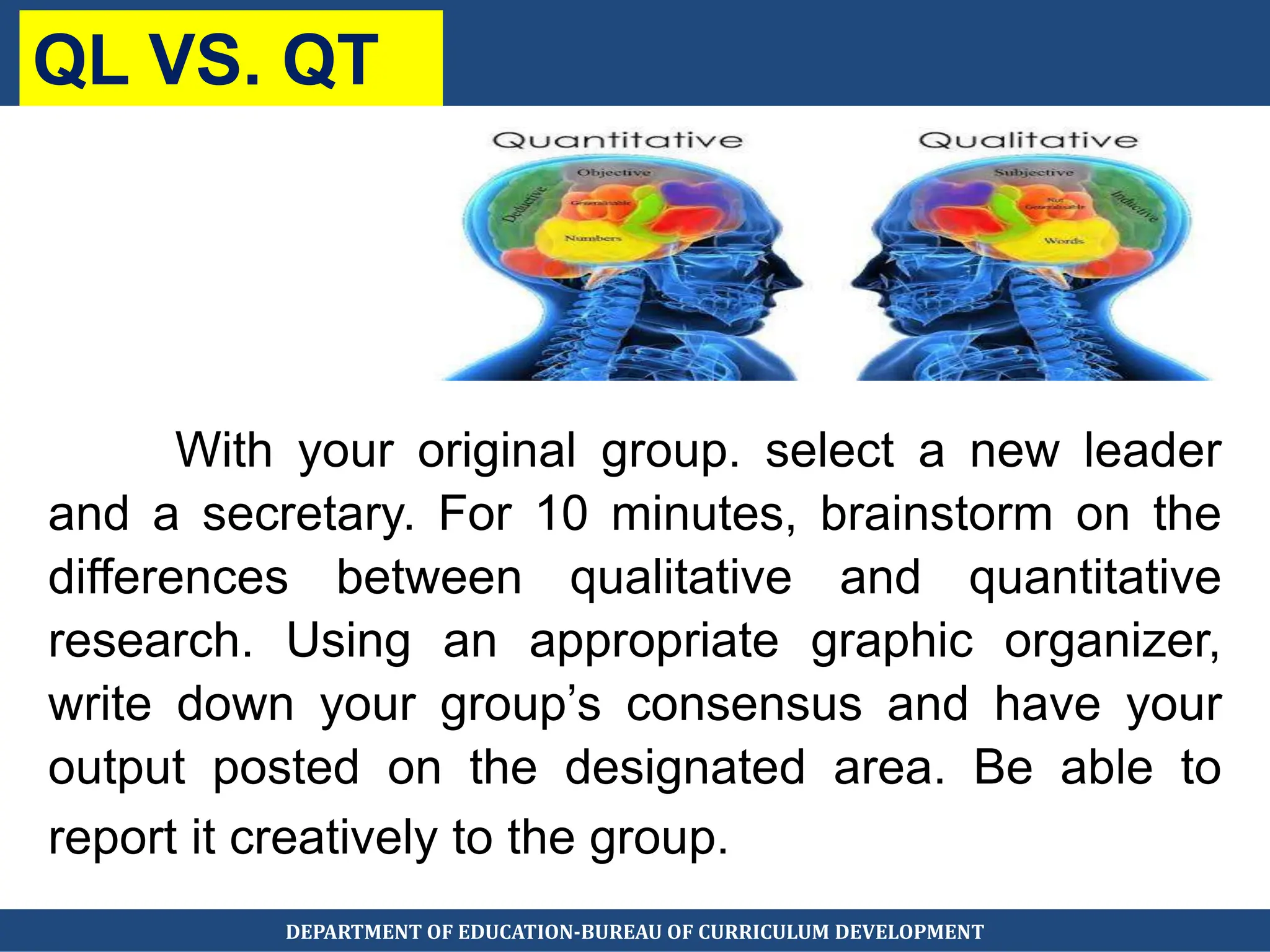With your original group. select a new leader
and a secretary. For 10 minutes, brainstorm on the
differences between qualitative and quantitative
research. Using an appropriate graphic organizer,
write down your group’s consensus and have your
output posted on the designated area. Be able to
report it creatively to the group.
DEPARTMENT OF EDUCATION-BUREAU OF CURRICULUM DEVELOPMENT
QL VS. QT
 