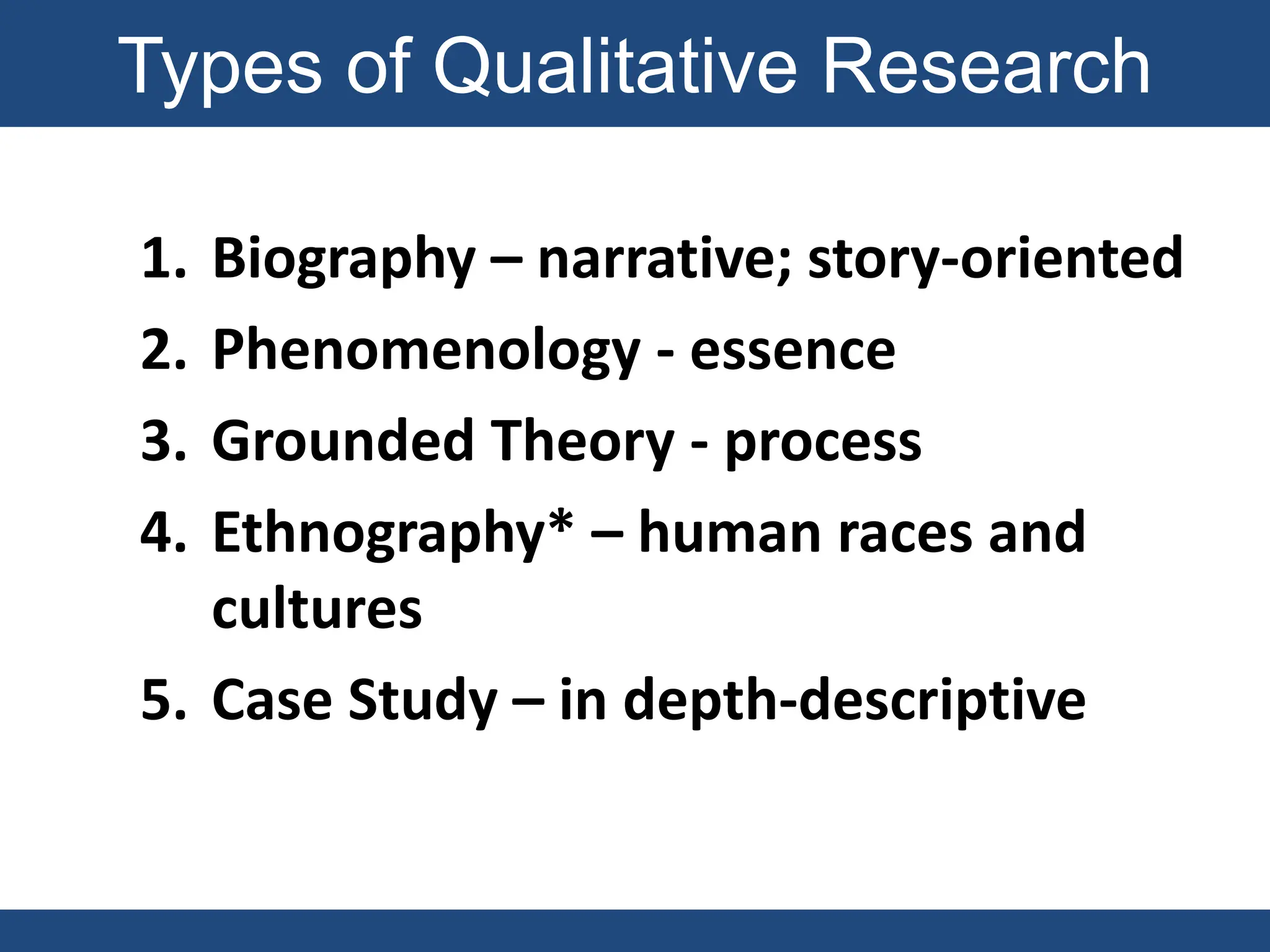 1. Biography – narrative; story-oriented
2. Phenomenology - essence
3. Grounded Theory - process
4. Ethnography* – human races and
cultures
5. Case Study – in depth-descriptive
Types of Qualitative Research
 
