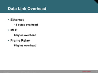 24
© 2005 Cisco Systems, Inc. All rights reserved. Cisco Public
IP Telephony
Data Link Overhead
• Ethernet
18 bytes overhead
• MLP
6 bytes overhead
• Frame Relay
6 bytes overhead
 