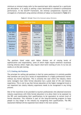 minimum or minimal simply refer to the essential basic skills required for a particular
job description. It is useful in setting a basic benchmark or standard in professional
performance. In the ACCSTP Framework, the minimal competencies required are
arranged on a framework using common divisions of labour as illustrated in Table 2-1:
Table 2-1: 32 Job Titles  Six Common Labour Divisions
Hotel Services Travel Services
Front
Office
Housekeeping Food
Production
Food and
Beverages
Services
Travel
Agencies
Tour
Operation
Front Office
Manager
Executive
Housekeeper
Executive
Chef
FB Director
General
Manager
Product
Manager
Front Office
Supervisor
Laundry
Manager
Demi Chef
FB Outlet
Manager
Assistant
General
Manager
Sales 
Marketing
Manager
Receptionist Floor
Supervisor
Commis Chef Head Waiter
Senior Travel
Consultant
Credit
Manager
Telephone
Operator
Laundry
Attendant
Chef de
Partie
Bartender
Travel
Consultant
Ticketing
Manager
Bell Boy Room
Attendant
Commis
Pastry
Waiter
Tour Manager
Public Area
Cleaner
Baker
Butcher

The positions listed under each labour division are of varying levels of
sophistication and responsibility, some of which might require extensive vocational
training whereas others might only require short-term training of one (1) to two (2)
weeks or on-the-job training.
2.7.2 Setting Job Positions
The principle for setting job positions is that for some positions it is entirely possible
that someone can carry out a series of responsibilities in a highly professional manner
without any formal education. This is certainly the case within the industry where
some managers have little formal education but a great deal of life and industry
experience. This is not to say that formal education at the higher managerial levels is
not important but clearly industry experience needs to be recognised in any hiring
process.
One of the incentives to be provided to tourism professionals who obtained extensive
industry experiences with little formal education is to allow them to be assessed via
the RPL and matchmaking their qualifications to be equivalent to certain level of
formal education. This initiative is part of the long-life-learning program to keep
people to stay longer in the industry by recognising their qualifications. The RPL
Assessment Method will be explained more detail in the next section.

 