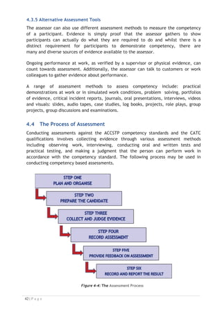 4.4.1 Step 1 – Plan and Organise
The assessor:

x establishes the context and purpose of the assessment;
x identifies the competency standards, assessment guidelines and qualifications;
x identifies the toolkit that has been developed to facilitate the assessment
process (if available); and
x interprets the competency standards and identifies the evidence requirements.
4.4.2 Step 2 - Prepare the candidate
The assessor meets with the candidate to:

x explain the context and purpose of the assessment and the assessment process;
x explain the competency standards to be assessed and the evidence to be
collected;
x outline the assessment procedure, the preparation which the candidate should
undertake and answer any questions;
x assess the needs of the candidate and establish any allowable adjustments in
the assessment procedure;
x seek feedback regarding the candidate's understanding of the competency
standards, evidence requirements and assessment process;
x determine if the candidate is ready for assessment and decide on the time and
place of the assessment; and
x develop an assessment plan.
4.4.3 Step 3 – Collect and Judge Evidence
The assessor must:

x establish a plan for gathering sufficient and quality evidence about the
candidate’s performance in order to make the assessment decision;
x source or develop assessment materials to assist the evidence gathering
process;
x organise equipment or resources required to support the evidence gathering
process;
x coordinate and brief other personnel involved in the evidence gathering
process;
x establish and oversee the evidence gathering process to ensure its validity,
reliability, fairness and flexibility;
x collect appropriate evidence and match compatibility to the elements,
performance criteria, range of variables and evidence guide in the relevant
units of competency; and
x incorporate specified allowable adjustments to the assessment procedure,
where appropriate.


 