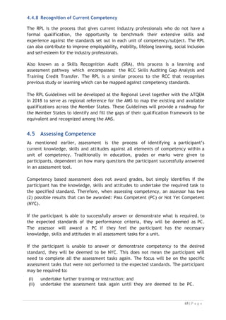 Table
4-1:
Example
of
Unit
of
Competence
and
its
Key
Components

UNIT
TITLE:
CLEAN
AND
PREPARE
ROOMS
FOR
IN-COMING
GUESTS
NOMINAL
HOURS:
30
UNIT
NUMBER:
D1.HHK.CL3.03
UNIT
DESCRIPTOR:
This
unit
deals
with
skills
and
knowledge
required
to
clean
and
prepare
rooms
for
in-coming
guests
by
room
attendants
to
deliver
housekeeping
services
in
an
accommodation
facility.
ELEMENTS
AND
PERFORMANCE
CRITERIA
UNIT
VARIABLE
AND
ASSESSMENT
GUIDE
Element
1:
Identify
the
role
of
room
attendants
1.1
Describe
the
services
delivered
by
a
room
attendant.
1.2
Locate
the
position
of
room
attendants
within
the
enterprise.
1.3
Identify
the
personal
characteristics
required
of
a
room
attendant.
1.4
Describe
grooming
and
personal
presentation
standards
for
a
room
attendant.
1.5
Interpret
enterprise
policies
and
procedures
for
the
provision
of
housekeeping
services.
1.6
Identify
and
explain
the
role
of
communication
in
the
provision
of
housekeeping
services.
Element
2:
Prepare
for
cleaning
duties
2.1
Replenish
linen
room
supplies.
2.2
Load
housekeeping
trolley
with
supplies
for
service.
2.3
Check
housekeeping
trolley
prior
to
use.
2.4
Identify
rooms
to
be
cleaned
for
the
shift.
2.5
Access
and
enter
guest
room
appropriately.
Element
3:
Make
beds
3.1
Strip
and
re-make
bed
with
fresh
bed
linen.
3.2
Re-make
bed
using
existing
bed
linen.
Element
4:
Clean
bathroom
4.1
Clean
bath
and
shower
area.
4.2
Clean
toilets.
4.3
Clean
vanity
area.
4.4
Clean
floors.
Unit
Variables
The
Unit
Variables
provide
advice
to
interpret
the
scope
and
context
of
this
unit
of
competence,
allowing
for
differences
between
enterprises
and
workplaces.
It
relates
to
the
unit
as
a
whole
and
facilitates
holistic
assessment.
This
unit
applies
to
the
delivery
of
housekeeping
services
in
an
industry
sector
that
provides
accommodation
facility
to
guests
within
the
labour
divisions
of
the
hotel
and
travel
industries
and
may
include:
1.
Housekeeping
Services
delivered
by
a
room
attendant
may
be
related
to:
routine
housekeeping
and
room
servicing/cleaning
duties;
rotational
cleaning
duties;
special
area
cleaning,
such
as
sauna,
steam
room,
nominated
outside
areas
and
nominated
inside
areas/rooms
which
may
include
private
offices
and
public
areas;
turn
down
services;
and
co-operation
with
other
staff
and
departments,
as
required.
Personal
characteristics
may
be
related
to:
tact,
diplomacy
and
discretion;
etiquette
and
good
manners;
politeness
and
civility;
honesty
and
dedication;
and
willingness
to
be
of
genuine
service
attention
to
detail.
Other
range
statements
covering
elements
also
included
(in
italics)

 