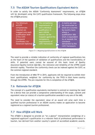 The ATQEM will assist applicants and employers (end users) to interpret (electronically
and automatically) the status of tourism qualifications. Employers need to be confident
in their ability to ascertain the relevance of the candidate’s certificate or diploma, the
accrediting authority and date, status and quality of a qualification for purposes of:
(i) registration of an applicant; and
(ii) appraisal by an employer or his/her appointed agency of the suitability of an
applicant for a particular job vacancy.
Most AMS have a National Qualification Framework, which provides coherence for
national qualifications. ASEAN is also exploring the possibility of a Regional
Qualification Framework to aid in the harmonisation and recognition of national
qualifications between Member States (see Figure 7-2).



Figure 7-2: Harmonisation of National Qualifications Frameworks with Regional Qualification
Frameworks
7.9.1 Features of the ATQEM
The development of the ATQEM is part of the ATPRS. The key features of the
system are:
x the electronic database system – the ATPRS - to facilitate the registration of
qualified tourism professionals through approved portals, including the
national TCPB and approved industry associations in Member States;
x guidelines for the registration of tourism professionals in accordance with
the regulations associated with the approved ASEAN MRA on tourism (2008);
and
x an electronic mechanism, to be integrated with the ATPRS – the ATQEM - to
facilitate automatic cross-referencing and matching of qualifications registered
by applicants against accepted and existing ASEAN benchmarks, specifically the
CATC.

 