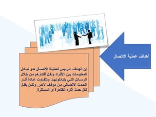 ‫االتصال‬ ‫عملية‬ ‫أهداع‬
‫ةةادل‬‫ة‬‫تب‬ ‫ةةو‬‫ة‬‫ه‬ ‫ةةال‬‫ة‬‫االتص‬ ‫ةةة‬‫ة‬‫لعملي‬ ‫ةةرئيس‬‫ة‬‫ال‬ ‫ةةدع‬‫ة‬‫اله‬ ‫إن‬
‫ل‬ ‫ة‬‫ة‬‫خ‬ ‫ةن‬‫ة‬‫م‬ ‫ةارهم‬‫ة‬‫أفك‬ ‫ةل‬‫ة‬‫ونق‬ ‫ةراد‬‫ة‬‫األف‬ ‫ةين‬‫ة‬‫ب‬ ‫ةات‬‫ة‬‫المعلوم‬
‫يتبادلونهةةا‬ ‫التةةي‬ ‫الرسةةائل‬
.
‫ق‬‫ة‬‫عةةاد‬ ‫وتتفةةاوت‬
‫ثةةار‬
‫ةر‬‫ة‬‫آلخ‬ ‫ةع‬‫ة‬‫موق‬ ‫ةن‬‫ة‬‫م‬ ‫ةالي‬‫ة‬‫االتص‬ ‫ةدث‬‫ة‬‫الح‬
,
‫ةل‬‫ة‬‫يه‬ ‫ةن‬‫ة‬‫ولك‬
‫المستترة‬ ‫أو‬ ‫الهاهرة‬ ‫ثاره‬ ‫حدث‬ ‫لكل‬
.
 