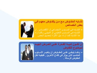 ‫ةي‬‫ة‬‫ف‬ ‫ةم‬‫ة‬‫معه‬ ‫ةاوض‬‫ة‬‫يتف‬ ‫ةن‬‫ة‬‫م‬ ‫ةع‬‫ة‬‫م‬ ‫ةاوض‬‫ة‬‫المف‬ ‫ةابه‬‫ة‬‫تش‬
‫الخصائص‬ ‫بعض‬
•
‫اإلقتصررا‬ ‫أا‬ ‫تمرراعي‬ ‫اي‬ ‫المسررتام‬ ‫فرري‬ ‫التشررابه‬
,
‫أا‬
‫ري‬‫ر‬‫ن‬ ‫الم‬ ‫أا‬ ‫ري‬‫ر‬‫التألنم‬ ‫رتام‬‫ر‬‫المس‬ ‫ري‬‫ر‬‫ف‬ ‫رابه‬‫ر‬‫التش‬
,
‫اكل‬
‫زا‬ ‫را‬‫ر‬‫م‬
‫البأ‬ ‫م‬ ‫لبأض‬ ‫األفرا‬ ‫منل‬ ‫ا‬ ‫از‬ ‫كلما‬ ‫التشابه‬ ‫وذا‬
‫ض‬
.
‫ةةةد‬‫ة‬‫الجي‬ ‫ةةةرض‬‫ة‬‫الع‬ ‫ةةةى‬‫ة‬‫عل‬ ‫ةةةدرة‬‫ة‬‫الق‬ ‫ةةةه‬‫ة‬‫لدي‬ ‫ةةةون‬‫ة‬‫تك‬ ‫أن‬
‫التفاوض‬ ‫لموضوع‬
•
‫ةةةلوب‬‫ة‬‫األس‬ ‫ةةةر‬‫ة‬‫يتخي‬ ‫أن‬ ‫ةةةاوض‬‫ة‬‫المف‬ ‫ةةةى‬‫ة‬‫عل‬ ‫ةةةي‬‫ة‬‫ينبغ‬ ‫ةةةا‬‫ة‬‫وهن‬
‫اآلخةرين‬ ‫إقنةاع‬ ‫فةي‬ ‫يةؤثر‬ ‫الذ‬ ‫المناسب‬
,
‫فكيفية‬
‫نقةل‬ ‫ة‬
‫للرسالة‬ ‫المفاوض‬
.
 