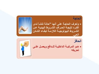 ‫الحاجة‬
•
‫أنهةا‬ ‫علةى‬ ‫الحاجةة‬ ‫وتعرع‬
"
‫لةدى‬ ‫تنشةأ‬ ‫حالةة‬
‫ة‬‫ة‬‫ع‬ ‫ةة‬‫ة‬‫البيئي‬ ‫ةروط‬‫ة‬‫الش‬ ‫ةراع‬‫ة‬‫انح‬ ‫ةة‬‫ة‬‫نتيج‬ ‫ةرد‬‫ة‬‫الف‬
‫ن‬
‫ةةائ‬‫ة‬‫الك‬ ‫ةةا‬‫ة‬‫لبق‬ ‫ةةة‬‫ة‬‫زم‬ ‫ال‬ ‫ةةة‬‫ة‬‫البيولوجي‬ ‫ةةروط‬‫ة‬‫الش‬
‫ن‬
‫الحي‬
.
‫الحافز‬
•
‫ةةى‬‫ة‬‫عل‬ ‫ةةل‬‫ة‬‫ويعم‬ ‫ةةدافع‬‫ة‬‫لل‬ ‫ةةة‬‫ة‬‫الداخلي‬ ‫ةةة‬‫ة‬‫المركب‬ ‫ةةو‬‫ة‬‫ه‬
‫تحريكه‬
 