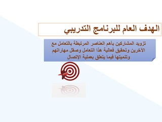 ‫التدريبي‬ ‫للبرنامج‬ ‫العام‬ ‫الهدف‬
‫مع‬ ‫بالتعامل‬ ‫المرتبطة‬ ‫العناصر‬ ‫بأهم‬ ‫المشاركين‬ ‫تزويد‬
‫مهاراتهم‬ ‫وصقل‬ ‫التعامل‬ ‫هذا‬ ‫فعالية‬ ‫وتحقيق‬ ‫اآلخرين‬
‫اإلتصال‬ ‫بعملية‬ ‫يتعلق‬ ‫فيما‬ ‫وتنميتها‬
 