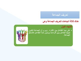 ‫الجماعة‬ ‫تعريع‬
‫االول‬ ‫االتجاه‬
•
‫األفةراد‬ ‫بةين‬ ‫التفاعل‬ ‫مبدأ‬ ‫على‬
,
‫تتكة‬ ‫الجماعةة‬ ‫أن‬ ‫ويةرى‬
‫ون‬
‫ةةك‬‫ة‬‫التش‬ ‫ةةل‬‫ة‬‫التفاع‬ ‫ةةذا‬‫ة‬‫ه‬ ‫ةةدون‬‫ة‬‫وب‬ ‫ةةا‬‫ة‬‫أفراده‬ ‫ةةين‬‫ة‬‫ب‬ ‫ةةل‬‫ة‬‫تفاع‬ ‫ةةة‬‫ة‬‫نتيج‬
‫ل‬
‫الجماعة‬
.
‫وهي‬ ‫الدمالة‬ ‫لتعريف‬ ‫اتداهات‬ ‫ة‬ ‫ال‬ ‫هناك‬
 