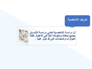 ‫الشخصي‬ ‫تعريع‬
‫ة‬
‫اإلنسةةةان‬ ‫دراسةةةة‬ ‫تعنةةةى‬ ‫الشخصةةةية‬ ‫دراسةةةة‬ ‫أن‬
‫االعتبة‬ ‫فةي‬ ّ‫ا‬‫أخذ‬ ‫ومكوناته‬ ‫صفاته‬ ‫بجميع‬
‫كافةة‬ ‫ار‬
‫عليه‬ ‫تؤثر‬ ‫قد‬ ‫التي‬ ‫والمحددات‬ ‫المؤثرات‬
.
 
