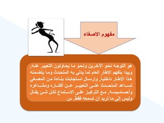 ‫االصغا‬ ‫مفهوم‬
‫عنةه‬ ‫التعبيةر‬ ‫يحةاولون‬ ‫مةا‬ ‫ونحةو‬ ‫اآلخةرين‬ ‫نحةو‬ ‫التوجةه‬ ‫هو‬
,
‫يت‬ ‫ومةا‬ ‫المتحةدث‬ ‫به‬ ‫يدلي‬ ‫لما‬ ‫العام‬ ‫اإلطار‬ ‫بتفهم‬ ‫ويبدا‬
‫ضةمنه‬
‫ق‬‫ا‬‫ة‬‫ة‬‫داخلي‬ ‫ةار‬‫ة‬‫اإلط‬ ‫ةذا‬‫ة‬‫ه‬
,
‫ةغي‬‫ة‬‫المص‬ ‫ةن‬‫ة‬‫م‬ ‫ة‬ ‫ةا‬‫ة‬‫بن‬ ‫ةتجابات‬‫ة‬‫اس‬ ‫ةال‬‫ة‬‫وإرس‬
‫ةةةاعره‬‫ة‬‫ومش‬ ‫ةةةاره‬‫ة‬‫أفك‬ ‫ةةةن‬‫ة‬‫ع‬ ‫ةةةر‬‫ة‬‫التعبي‬ ‫ةةةى‬‫ة‬‫عل‬ ‫ةةةدث‬‫ة‬‫المتح‬ ‫ةةةاعد‬‫ة‬‫تس‬
‫ةه‬‫ة‬‫وأحساسيس‬
,
‫يقةة‬ ‫شةةئ‬ ‫ةل‬‫ة‬‫لك‬ ‫ةتماع‬‫ة‬‫االس‬ ‫علةةى‬ ‫ةز‬‫ة‬‫التركي‬ ‫مةةع‬
‫ال‬
‫فقط‬ ‫تسمعه‬ ‫أن‬ ‫تريد‬ ‫ما‬ ‫إلى‬ ‫وليس‬
.
‫س‬
 