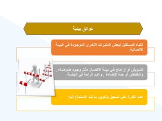 ‫فةي‬ ‫الموجةودة‬ ‫األخةرى‬ ‫المثيةرات‬ ‫لبعض‬ ‫المستقبل‬ ‫انتباه‬
‫البيئةة‬
‫االتصالية‬
.
‫ةا‬‫ة‬‫ضوض‬ ‫ةود‬‫ة‬‫وج‬ ‫ةل‬‫ة‬‫مث‬ ‫ةال‬‫ة‬‫االتص‬ ‫ةة‬‫ة‬‫بيئ‬ ‫ةي‬‫ة‬‫ف‬ ‫ةاج‬‫ة‬‫إزع‬ ‫أو‬ ‫ةويش‬‫ة‬‫تش‬
,
‫ة‬ ‫اإلضا‬ ‫حدة‬ ‫أو‬ ‫وانخفاض‬
,
‫الجلسة‬ ‫في‬ ‫الراحة‬ ‫وعدم‬
.
‫إليه‬ ‫االستماع‬ ‫يتم‬ ‫ما‬ ‫وتدوين‬ ‫تسجيل‬ ‫على‬ ‫القدرة‬ ‫عدم‬
.
‫بيئية‬ ‫عوائق‬
 