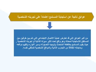 ‫ال‬ ‫تجربته‬ ‫على‬ ‫ق‬‫ا‬‫اعتماد‬ ‫المستمع‬ ‫استجابة‬ ‫عن‬ ‫ناتجة‬ ‫عوائق‬
‫شخصية‬
‫طرف‬ ‫بين‬ ‫تتم‬ ‫التي‬ ‫االجتماعي‬ ‫االتصال‬ ‫عملية‬ ‫تعترض‬ ‫قد‬ ‫التي‬ ‫العوائق‬ ‫أكبر‬ ‫من‬
‫ميل‬ ‫ين‬
‫ا‬ ‫تجربته‬ ‫أو‬ ‫الذاتية‬ ‫سيرته‬ ‫تأثير‬ ‫تحت‬ ‫واقع‬ ‫وهو‬ ‫لمحدثه‬ ‫ستجابة‬ ‫ل‬ ‫المستقبل‬
‫لشخصية‬
,
‫د‬ ‫وتقييم‬ ‫واره‬ ‫أ‬ ‫وسبر‬ ‫له‬ ‫النصح‬ ‫وتوجيه‬ ‫المتحدث‬ ‫بمقاطعة‬ ‫المستمع‬ ‫يقوم‬ ‫حيث‬
‫وافعه‬
‫نفسه‬ ‫للمتلقي‬ ‫الشخصية‬ ‫والدوافع‬ ‫الذاتية‬ ‫التجارب‬ ‫من‬ ‫ق‬‫ا‬‫ق‬ ‫انط‬ ‫وحاجاته‬
.
 
