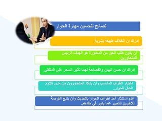 ‫بشرية‬ ‫طبيعة‬ ‫ع‬ ‫الخ‬ ‫ان‬ ‫إدراك‬
.
‫الرئيس‬ ‫الهدع‬ ‫هو‬ ‫المحاورة‬ ‫من‬ ‫الحق‬ ‫طلب‬ ‫يكون‬ ‫أن‬
‫للمتحاورين‬
.
‫الم‬ ‫على‬ ‫السحر‬ ‫تأثير‬ ‫لهما‬ ‫والفصاحة‬ ‫البيان‬ ‫حسن‬ ‫ان‬ ‫إدراك‬
‫تلقي‬
.
‫ؤم‬ ‫ت‬ ‫مدى‬ ‫من‬ ‫المتحاورون‬ ‫يتأكد‬ ‫وأن‬ ‫المناسب‬ ‫الهرع‬ ‫اختيار‬
‫للحوار‬ ‫الحال‬
.
‫الفرصة‬ ‫يتيح‬ ‫وأن‬ ‫بالحديث‬ ‫الحوار‬ ‫اطراع‬ ‫أحد‬ ‫استئثار‬ ‫عدم‬
‫خلدهم‬ ‫في‬ ‫يدور‬ ‫عما‬ ‫للتعبير‬ ‫لنخرين‬
.
‫الحوار‬ ‫مهارة‬ ‫لتحسين‬ ‫نصائح‬
 