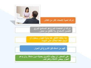 ‫م‬ ‫الك‬ ‫من‬ ‫أكثر‬ ‫اإلصغا‬ ‫أهمية‬ ‫إدراك‬
.
‫البارع‬ ‫المستمع‬ ‫هو‬ ‫البارع‬ ‫المتحدث‬ ‫أن‬ ‫إدراك‬
,
‫االستماع‬ ‫فأحسن‬
,
‫تحاور‬ ‫من‬ ‫تقاطع‬ ‫وال‬
.
‫الحوار‬ ‫بداية‬ ‫عند‬ ‫االتفاق‬ ‫بنقاط‬ ‫إبدأ‬
,
‫أ‬ ‫وحاول‬
‫ن‬
‫النهاية‬ ‫حتى‬ ‫ع‬ ‫الخ‬ ‫نقاط‬ ‫تؤجل‬
.
‫الحوار‬ ‫في‬ ‫الشروع‬ ‫قبل‬ ‫أمامك‬ ‫من‬ ‫افهم‬
.
‫مشقة‬ ‫دون‬ ‫بحديثه‬ ‫اآلخرين‬ ‫يجذب‬ ‫ان‬ ‫المحاور‬ ‫على‬
,
‫يدعم‬ ‫وأن‬
‫والطرائع‬ ‫األمثلة‬ ‫ببعض‬ ‫الحوار‬
.
 