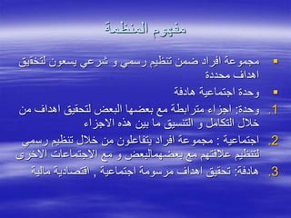 ‫المنظمة‬ ‫مفهوم‬

‫لتخق‬ ‫يسعون‬ ‫شرعي‬ ‫و‬ ‫رسمي‬ ‫تنظيم‬ ‫ضمن‬ ‫افراد‬ ‫مجموعة‬
‫يق‬
‫محددة‬ ‫اهداف‬

‫هادفة‬ ‫اجتماعية‬ ‫وحدة‬
.1
‫وحدة‬
:
‫م‬ ‫اهداف‬ ‫لتحقيق‬ ‫البعض‬ ‫بعضها‬ ‫مع‬ ‫مترابطة‬ ‫اجزاء‬
‫ن‬
‫االجزاء‬ ‫هذه‬ ‫بين‬ ‫ما‬ ‫التنسيق‬ ‫و‬ ‫التكامل‬ ‫خالل‬
.2
‫اجتماعية‬
:
‫رس‬ ‫تنظيم‬ ‫خالل‬ ‫من‬ ‫يتفاعلون‬ ‫افراد‬ ‫مجموعة‬
‫مي‬
‫اال‬ ‫االجتماعات‬ ‫مع‬ ‫و‬ ‫بعضهمالبعض‬ ‫مع‬ ‫عالفتهم‬ ‫لتنظيم‬
‫خر‬
.3
‫هادفة‬
:
‫اجتماعية‬ ‫مرسومة‬ ‫اهداف‬ ‫تحقيق‬
,
‫مالية‬ ‫اقتصادية‬
 