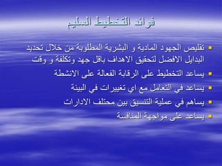 ‫السليم‬ ‫التخطيط‬ ‫فوائد‬

‫تحد‬ ‫خالل‬ ‫من‬ ‫المطلوبة‬ ‫البشرية‬ ‫و‬ ‫المادية‬ ‫الجهود‬ ‫تقليص‬
‫يد‬
‫وق‬ ‫و‬ ‫وتكلفة‬ ‫جهد‬ ‫باقل‬ ‫االهداف‬ ‫لتحقيق‬ ‫االفضل‬ ‫البدايل‬
‫ت‬

‫االنشطة‬ ‫على‬ ‫الفعالة‬ ‫الرقابة‬ ‫على‬ ‫التخطيط‬ ‫يساعد‬

‫البيئة‬ ‫في‬ ‫تغييرات‬ ‫اي‬ ‫مع‬ ‫التعامل‬ ‫في‬ ‫يساعد‬

‫االدارات‬ ‫محتلف‬ ‫بين‬ ‫التنسيق‬ ‫عملية‬ ‫في‬ ‫يساهم‬

‫المنافسة‬ ‫مواجهة‬ ‫على‬ ‫يساعد‬
 