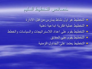‫السليم‬ ‫التخطيط‬ ‫خصائص‬

‫االدارة‬ ‫قبل‬ ‫من‬ ‫يمارس‬ ‫نشاط‬ ‫اول‬ ‫هو‬ ‫التخطيط‬

‫ذهنية‬ ‫ابداعية‬ ‫فكرية‬ ‫عملية‬ ‫التخطيط‬

‫وال‬ ‫والسياسات‬ ‫الالسنراتيجات‬ ‫اعداد‬ ‫على‬ ‫يقوم‬ ‫التخطيط‬
‫خطط‬

‫الحقائق‬ ‫على‬ ‫يقوم‬ ‫التخطيط‬

‫الزمنية‬ ‫الجداول‬ ‫على‬ ‫يعتمد‬ ‫التخطيط‬
 