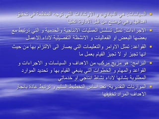 
‫السياسات‬
:
‫تحقي‬ ‫في‬ ‫المنظمة‬ ‫توجه‬ ‫التي‬ ‫االرشادات‬ ‫و‬ ‫المباديء‬ ‫هي‬
‫ق‬
‫العليا‬ ‫االدارة‬ ‫قبل‬ ‫من‬ ‫توضع‬ ‫وهي‬ ‫اهدافها‬

‫االجراءات‬
:
‫ت‬ ‫التي‬ ‫و‬ ‫والخدمية‬ ‫االنتاجية‬ ‫العمليات‬ ‫تسلسل‬ ‫تمثل‬
‫مع‬ ‫رتبط‬
‫االعم‬ ‫الداء‬ ‫التفصيلية‬ ‫االنشظة‬ ‫و‬ ‫الفعاليات‬ ‫او‬ ‫البعض‬ ‫بعضها‬
‫ال‬

‫القواعد‬
:
‫م‬ ‫بها‬ ‫االلتزام‬ ‫الى‬ ‫يصار‬ ‫التي‬ ‫والتعليمات‬ ‫االوامر‬ ‫تمثل‬
‫حيث‬ ‫ن‬
‫ما‬ ‫بعمل‬ ‫القيام‬ ‫تجيز‬ ‫ال‬ ‫او‬ ‫تجيز‬ ‫انها‬

‫البرامج‬
:
‫و‬ ‫االجراءات‬ ‫و‬ ‫السياسات‬ ‫و‬ ‫االهداف‬ ‫من‬ ‫مركب‬ ‫مزيج‬ ‫هو‬
‫الموار‬ ‫تحديد‬ ‫و‬ ‫بها‬ ‫القيام‬ ‫ينبغي‬ ‫التي‬ ‫الخطوات‬ ‫و‬ ‫والمهام‬ ‫القواعد‬
‫د‬
‫خدماتي‬ ‫او‬ ‫انتاجي‬ ‫نشاط‬ ‫الداء‬ ‫بشانها‬ ‫المطلوبة‬

‫التقديرية‬ ‫الموازنات‬
:
‫عاد‬ ‫ترتبط‬ ‫و‬ ‫السليم‬ ‫التخطيط‬ ‫اساس‬ ‫تعد‬
‫بانجاز‬ ‫ة‬
‫تخقيقها‬ ‫المراد‬ ‫االهداف‬
 