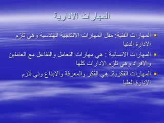 ‫االدارية‬ ‫المهارات‬

‫الفنية‬ ‫المهارات‬
:
‫تل‬ ‫وهي‬ ‫الهندسية‬ ‫االنتاجية‬ ‫المهارات‬ ‫مقل‬
‫زم‬
‫الدنيا‬ ‫االدارة‬

‫االنسانية‬ ‫المهارات‬
:
‫العامل‬ ‫مع‬ ‫والتفاعل‬ ‫التعامل‬ ‫مهارات‬ ‫هي‬
‫ين‬
‫كلها‬ ‫االدارات‬ ‫تلزم‬ ‫وهي‬ ‫واالفراد‬

‫الفكرية‬ ‫المهارات‬
:
‫تلزم‬ ‫وني‬ ‫واالبداع‬ ‫والمعرفة‬ ‫الفكر‬ ‫هي‬
‫العليا‬ ‫االدارة‬
 