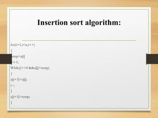 Insertion sort algorithm:
for(i=1,i<n,i++)
{
temp=a[i]
j=i-1;
While(j>=0 &&a[j]>temp)
{
a[j+1]=a[j];
j--;
}
a[j+1]=temp;
}
 