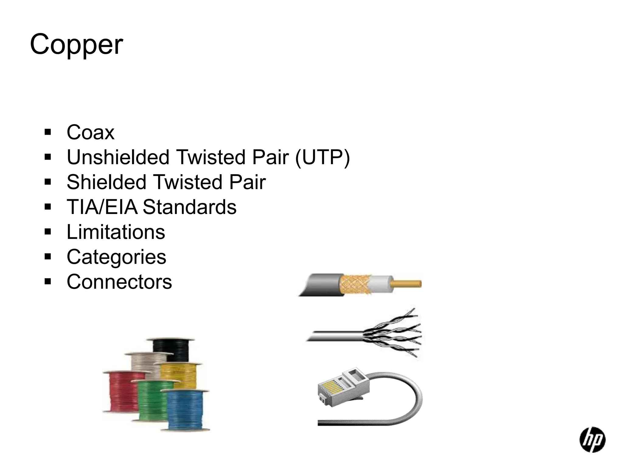 Copper
 Coax
 Unshielded Twisted Pair (UTP)
 Shielded Twisted Pair
 TIA/EIA Standards
 Limitations
 Categories
 Connectors
 