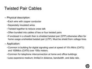 Twisted Pair Cables
– Physical description:
• Each wire with copper conductor
• Separately insulated wires
• Twisted together to reduce cross talk
• Often bundled into cables of two or four twisted pairs
• If enclosed in a sheath then is shielded twisted pair (STP) otherwise often for
home usage unshielded twisted pair (UTP). Must be shield from voltage lines
– Application:
• Common in building for digital signaling used at speed of 10’s Mb/s (CAT3)
and 100Mb/s (CAT5) over 100s meters.
• Common for telephone interconnection at home and office buildings
• Less expensive medium; limited in distance, bandwidth, and data rate.
 