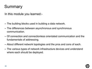 Summary
In this module you learned:-
– The building blocks used in building a data network.
– The differences between asynchronous and synchronous
communication.
– Of connection and connectionless orientated communication and the
fundamentals of addressing.
– About different network topologies and the pros and cons of each.
– The various types of network infrastructure devices and understand
where each should be deployed.
49
 