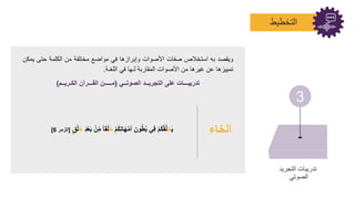 ‫التخطيط‬
3
‫التجريد‬ ‫تدريبات‬
‫الصوتي‬
‫الخاء‬
‫ي‬
‫خ‬
‫ُم‬‫ك‬‫ي‬‫ت‬‫ا‬‫ه‬َّ‫م‬‫أ‬ ‫ي‬ ‫و‬ُ‫ن‬ُ‫ب‬ ‫ي‬‫ي‬‫ف‬ ‫ُم‬‫ك‬ُ ُ‫ل‬
‫خ‬
‫ي‬ّ‫م‬ ً‫ا‬ ‫ل‬
‫ي‬‫د‬‫ع‬‫ب‬
‫خ‬
‫ق‬‫ل‬
[
‫الزمر‬
6
]
‫الصوتــي‬ ‫التجريــد‬ ‫على‬ ‫تدريبـــا‬
(
‫الكـريــم‬ ‫ـــرآ‬ ‫ال‬ ‫مـــــ‬
)
‫ويقصد‬
‫به‬
‫استخالص‬
‫صفات‬
‫األصوات‬
‫وإبرازها‬
‫في‬
‫مواضت‬
‫مختلفة‬
‫من‬
‫الكلمة‬
‫حت‬
‫ى‬
‫يمكن‬
‫تمييزها‬
‫عن‬
‫غيرها‬
‫من‬
‫األصوات‬
‫المقاربة‬
‫لـها‬
‫في‬
‫اللغـة‬
.
 