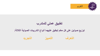 ‫ا‬
‫لتقويم‬
‫للمتدرب‬ ‫عملي‬ ‫تنبيق‬
‫الثالث‬ ‫الصوتي‬ ‫التدريبا‬ ‫أنواع‬ ‫عليهما‬ ‫لينبق‬ ‫معلم‬ ‫كل‬ ‫على‬ ‫صوتي‬ ‫توزيع‬
:
‫التعرف‬
‫التمييز‬
‫التجريد‬
 