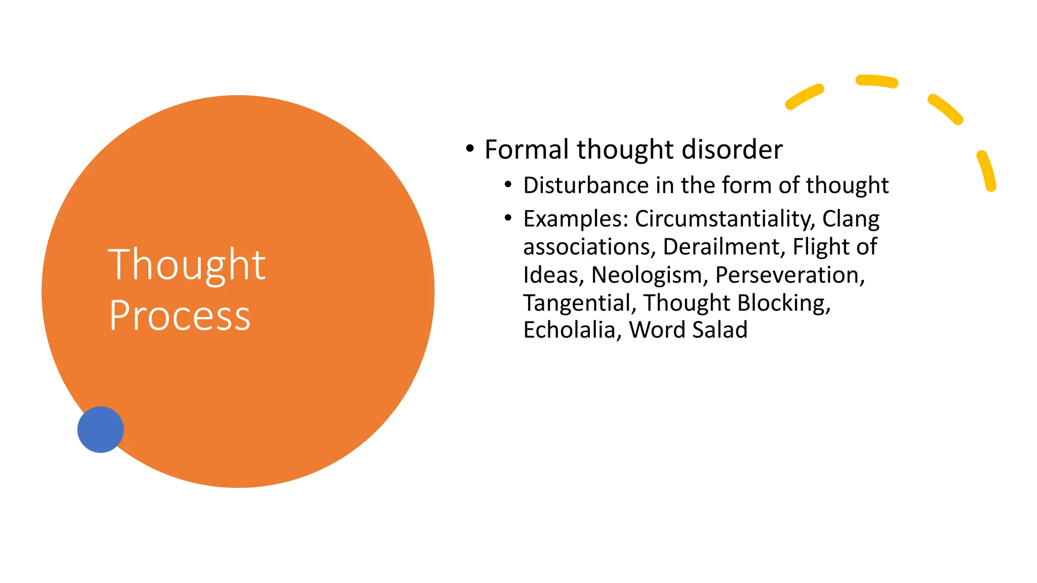 Thought
Process
• Formal thought disorder
• Disturbance in the form of thought
• Examples: Circumstantiality, Clang
associations, Derailment, Flight of
Ideas, Neologism, Perseveration,
Tangential, Thought Blocking,
Echolalia, Word Salad
 