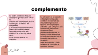 complemento
La lesión, estado de choque e
infecciones graves suelen activar
la
cascada del complemento, la cual
contribuye a la defensa del
hospedador
y la activación proinflamatoria el
grado de activación de este
último es proporcional a la
magnitud de la lesión y puede
servir
como un marcador de su
gravedad.
La activación de la cascada
del complemento puede
contribuir al desarrollo de
disfunción orgánica. Los
factores del complemento
activados C3a, C4a y C5a son
mediadores potentes del
incremento de la
permeabilidad vascular, la
contracción de la célula de
músculo liso, la liberación de
histamina y el producto
accesorio
ácido araquidónico y de la
adhesión de neutrófilos al
endotelio vascular
 