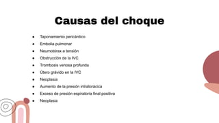 Causas del choque
● Taponamiento pericárdico
● Embolia pulmonar
● Neumotórax a tensión
● Obstrucción de la IVC
● Trombosis venosa profunda
● Útero grávido en la IVC
● Neoplasia
● Aumento de la presión intratorácica
● Exceso de presión espiratoria final positiva
● Neoplasia
 