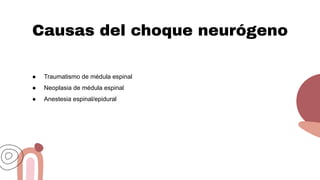 Causas del choque neurógeno
● Traumatismo de médula espinal
● Neoplasia de médula espinal
● Anestesia espinal/epidural
 