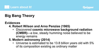 Learn about It!
Evidences
4. Robert Wilson and Arno Penzias (1965)
• Discovered cosmic microwave background radiation
(CMBR)—a low, steady humming noise believed to be
energy remains
5. Modern astronomy (2014)
• Universe is estimated to be 13.8 billion years old with 5%
of its composition existing as ordinary matter
Big Bang Theory
 