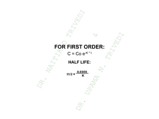 FOR FIRST ORDER:
C = Co e-K * t
HALF LIFE:
D
R
.
N
A
I
T
I
K
D
T
R
I
V
E
D
I
&
D
R
.
U
P
A
M
A
N
.
T
R
I
V
E
D
I
 