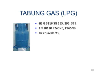 166
TABUNG GAS (LPG)
 JIS G 3116 SG 255, 295, 325
 EN 10120 P245NB, P265NB
 Or equivalents
 